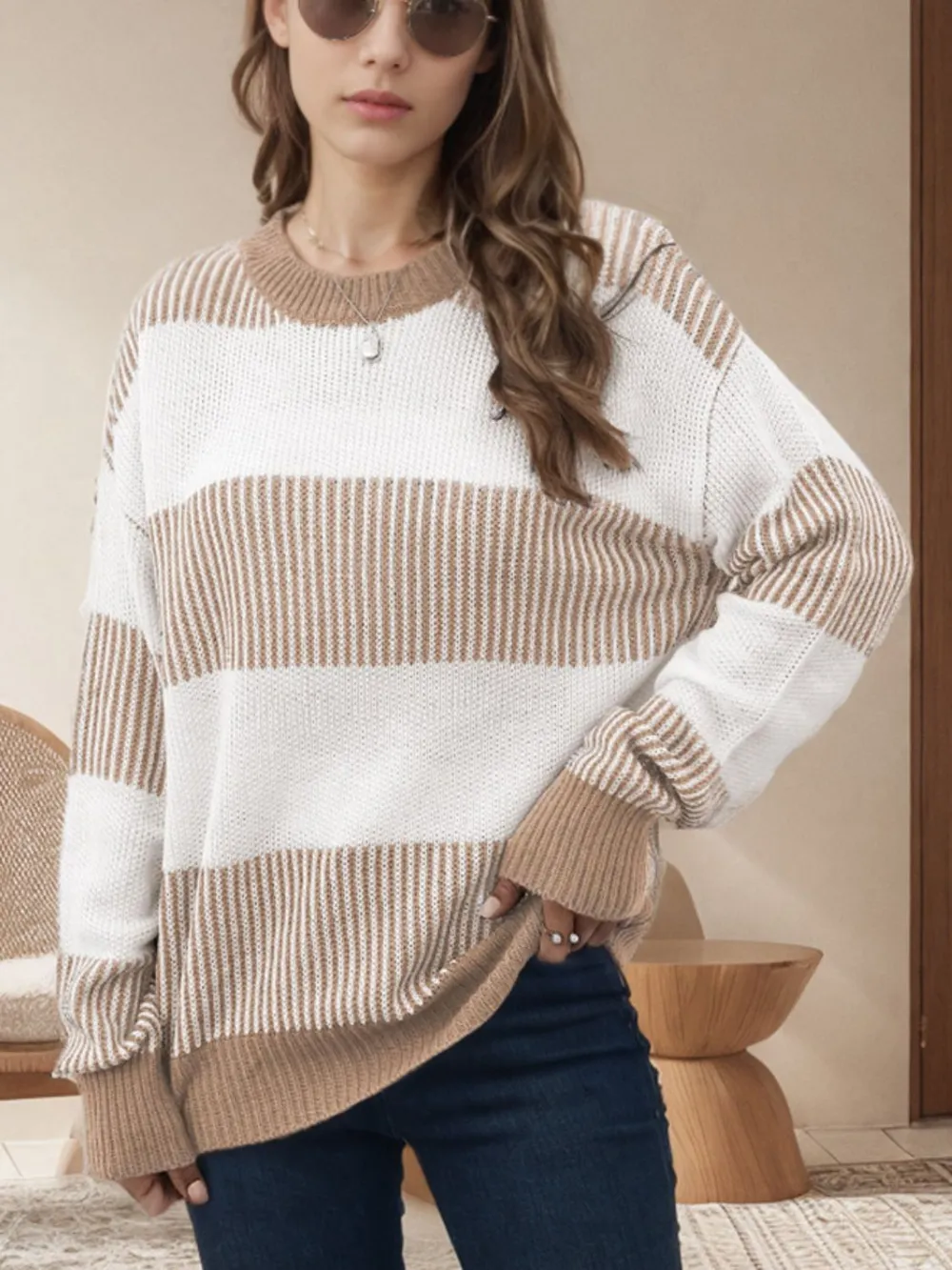Striped Round Neck Long Sleeve Sweater, image 12