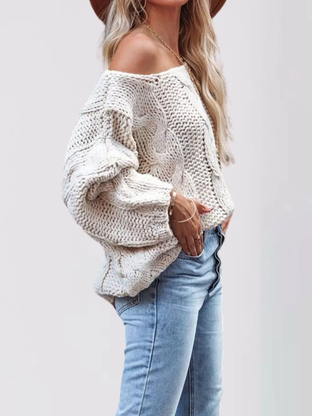 Chunky Cable Knit Long Sleeve Sweater, image 3