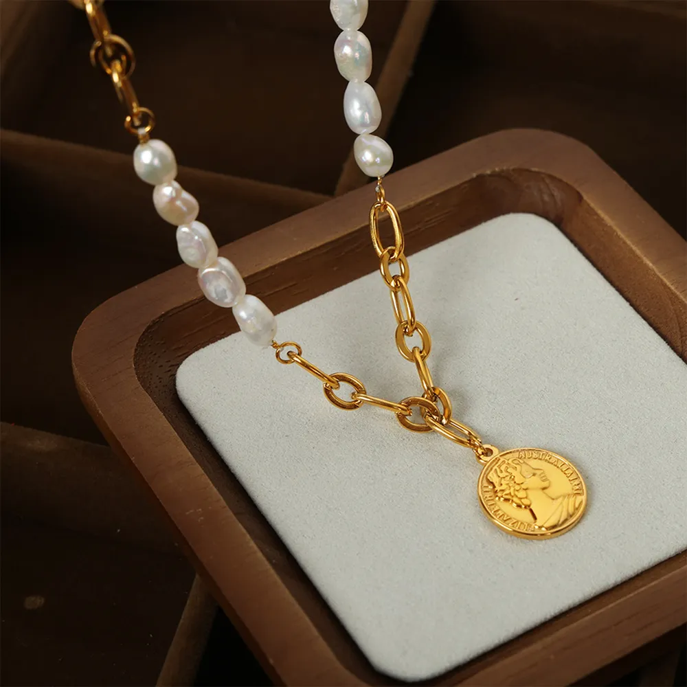 Coin pendant Pearl Titanium Steel Necklace, image 4