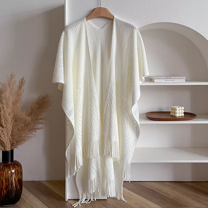 Knitted Fringe Openwork Scarf Shawl, image 3