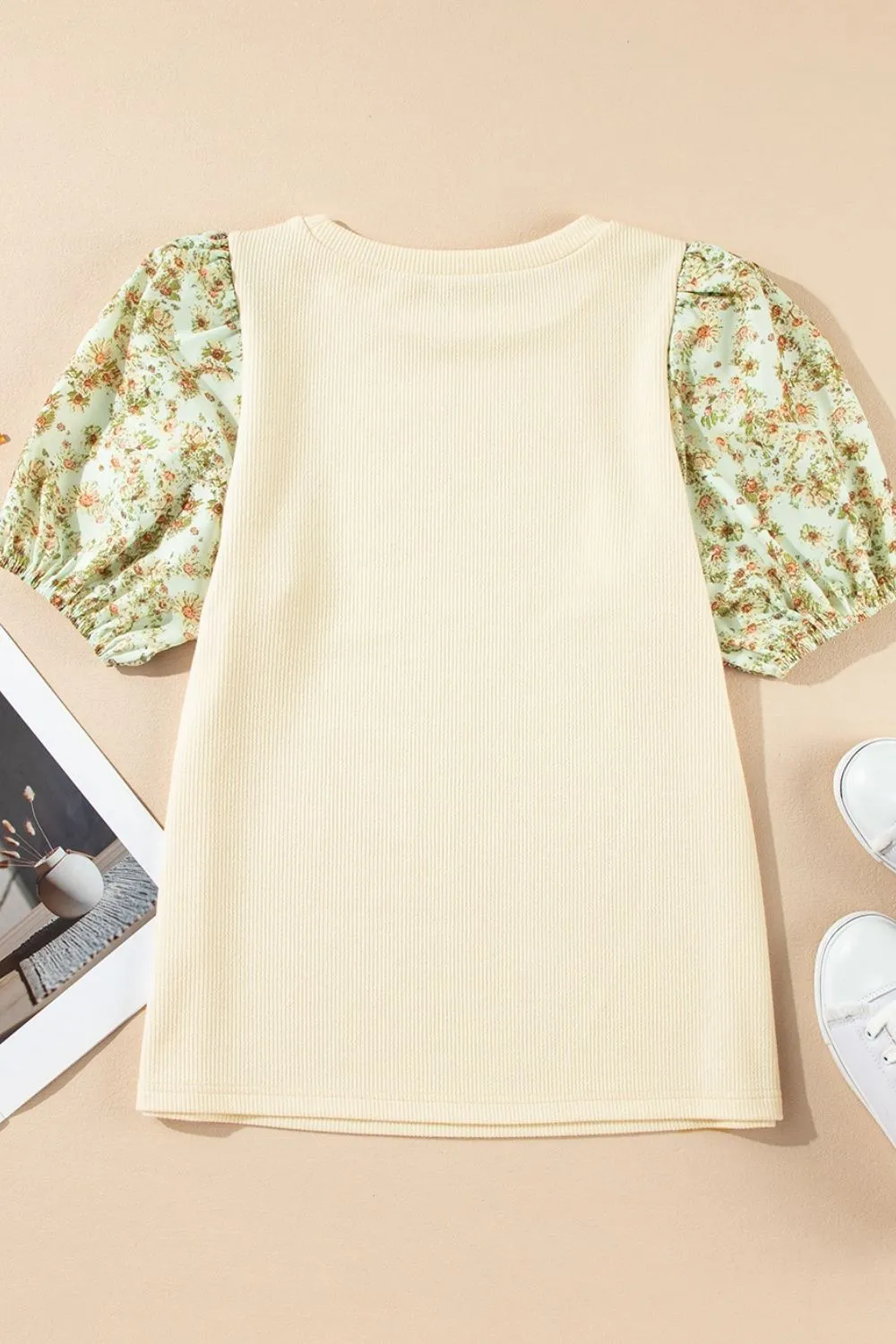 Floral Puff Sleeve Ribbed Blouse, image 2