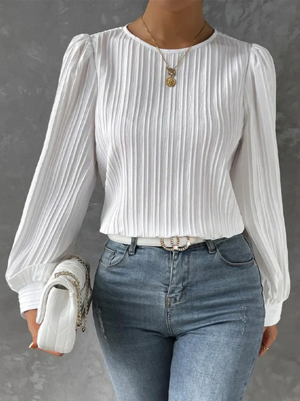 Round Neck Long Sleeve Blouse, image 2