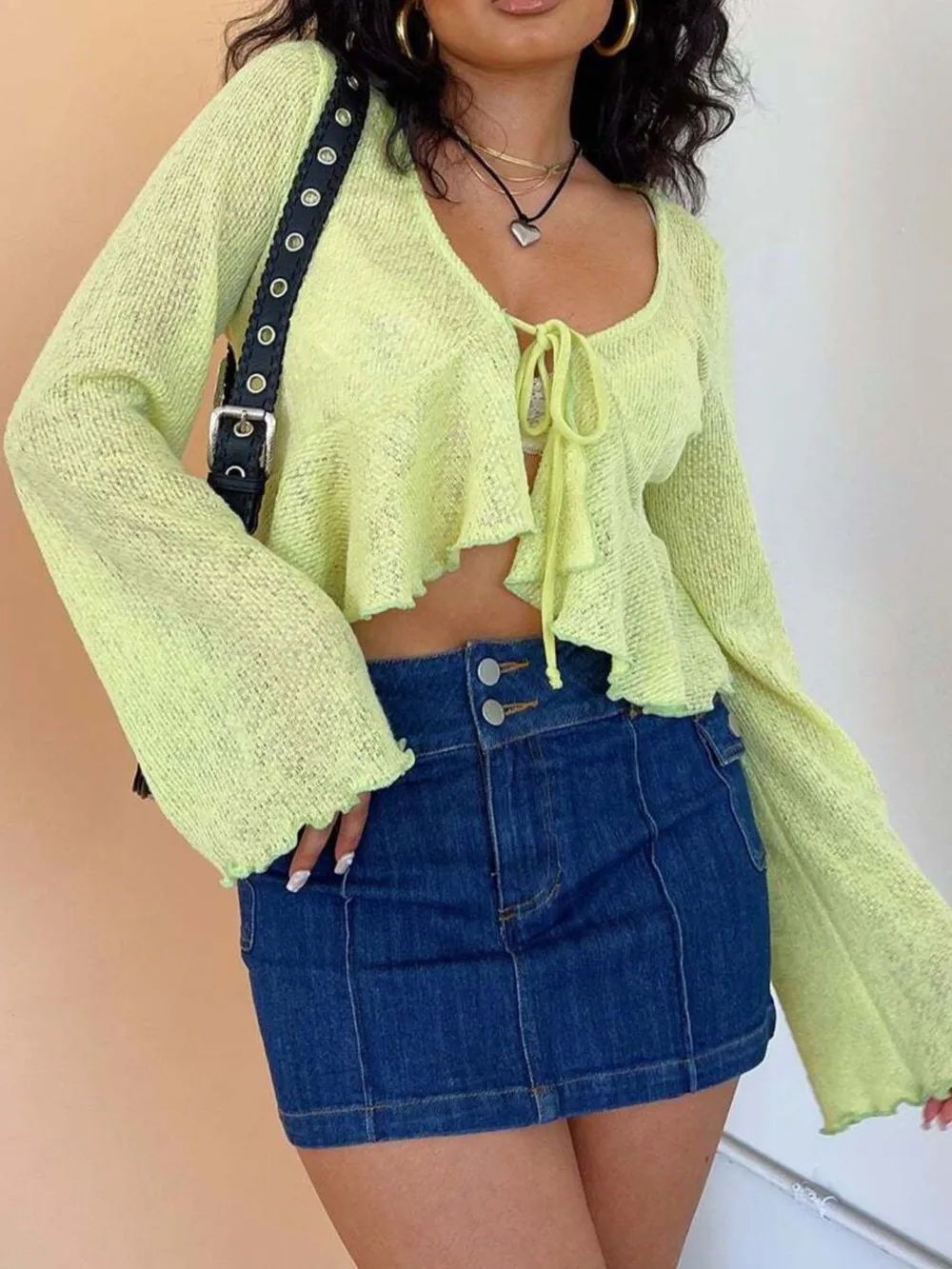 Ruffled Hem Tie-Front Cropped Cardigan, image 3