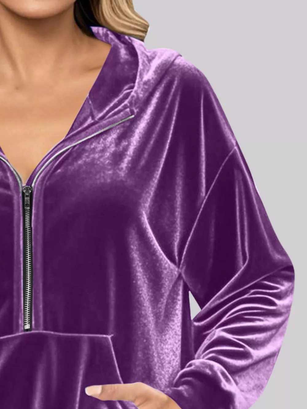 Full Size Velvet Half Zip Hoodie with Kangaroo Pocket Plus Size, image 2