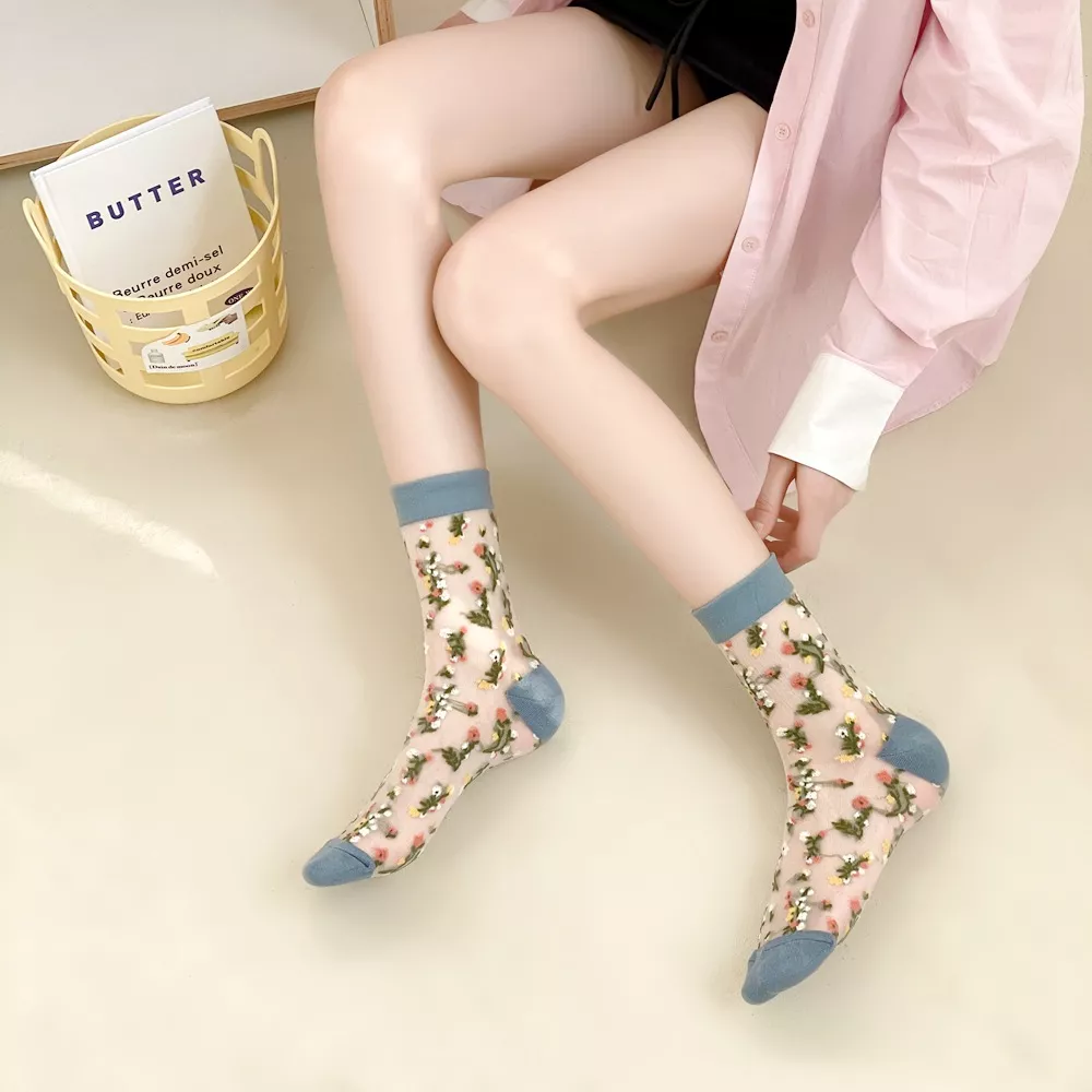 Floral Sheer Crew Socks 5 Pair Set, image 14