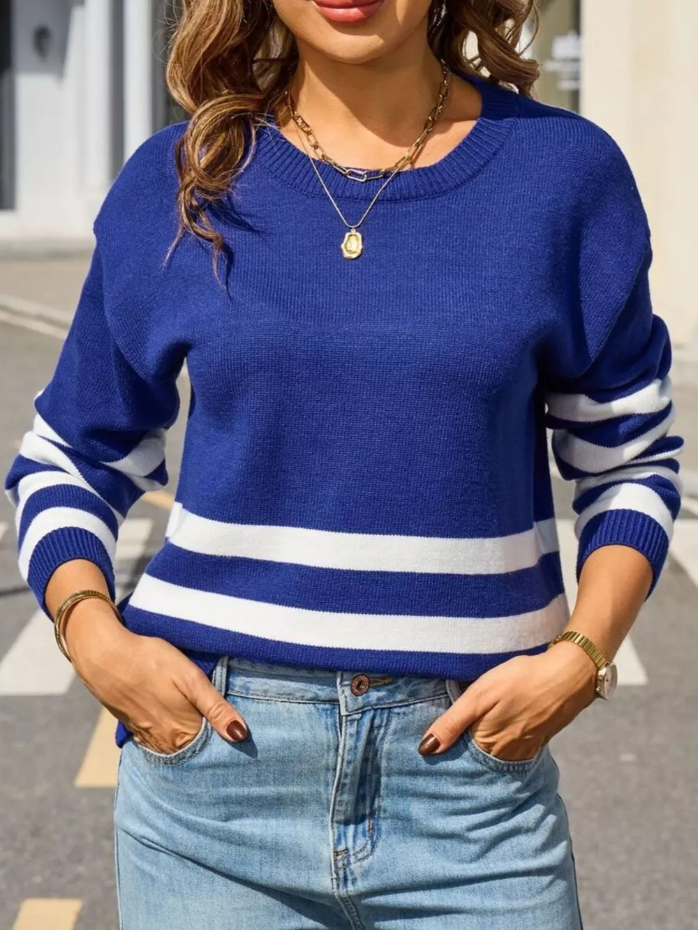 Striped Trim Crew Neck Sweater, image 16