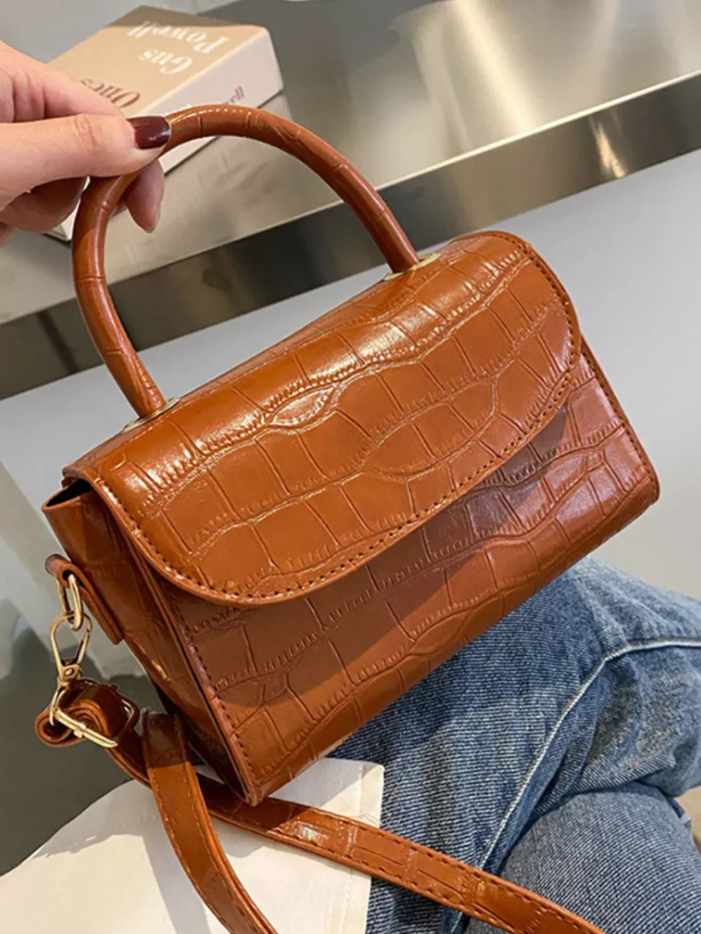Crocodile Pattern Top Handle Crossbody Bag, image 13