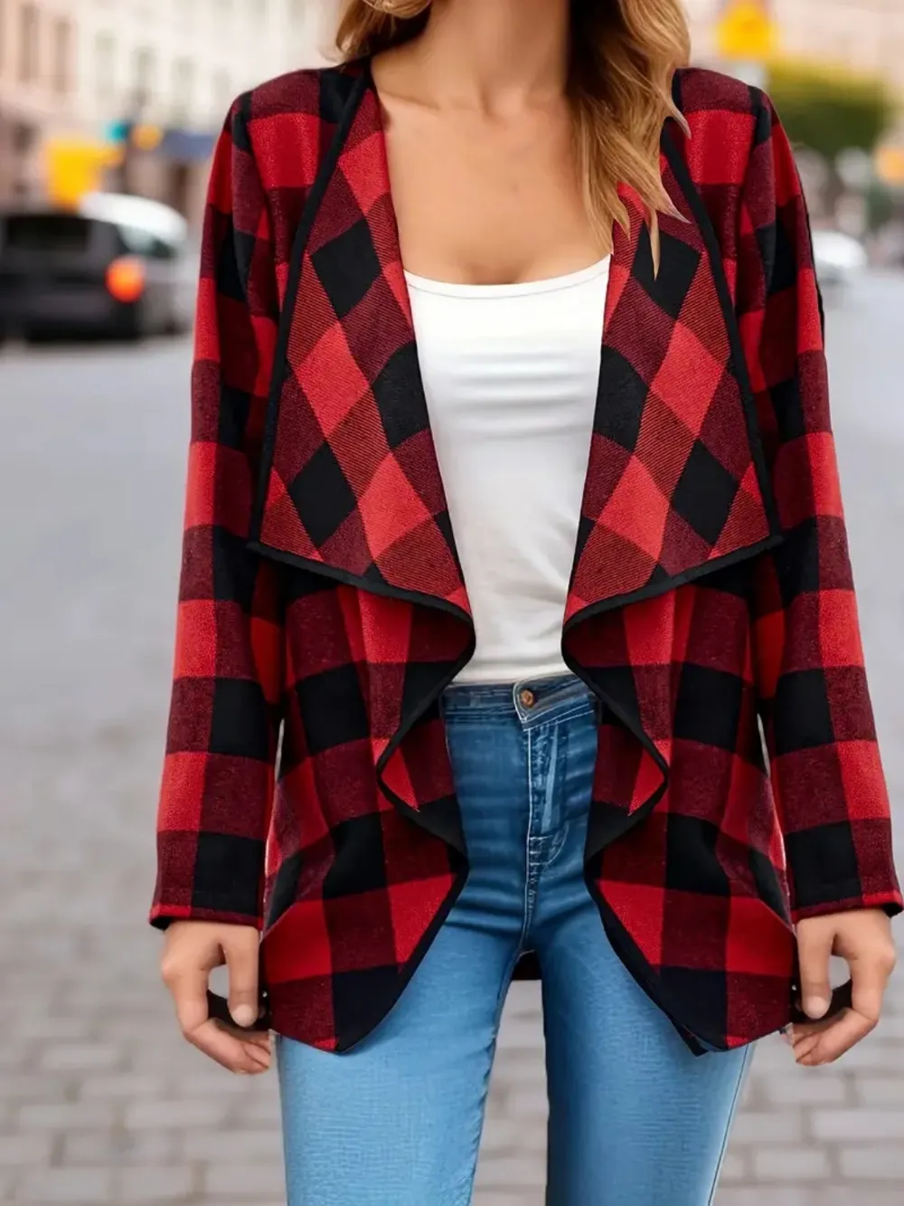 Plaid Open Front Long Sleeve Jacket, image 5