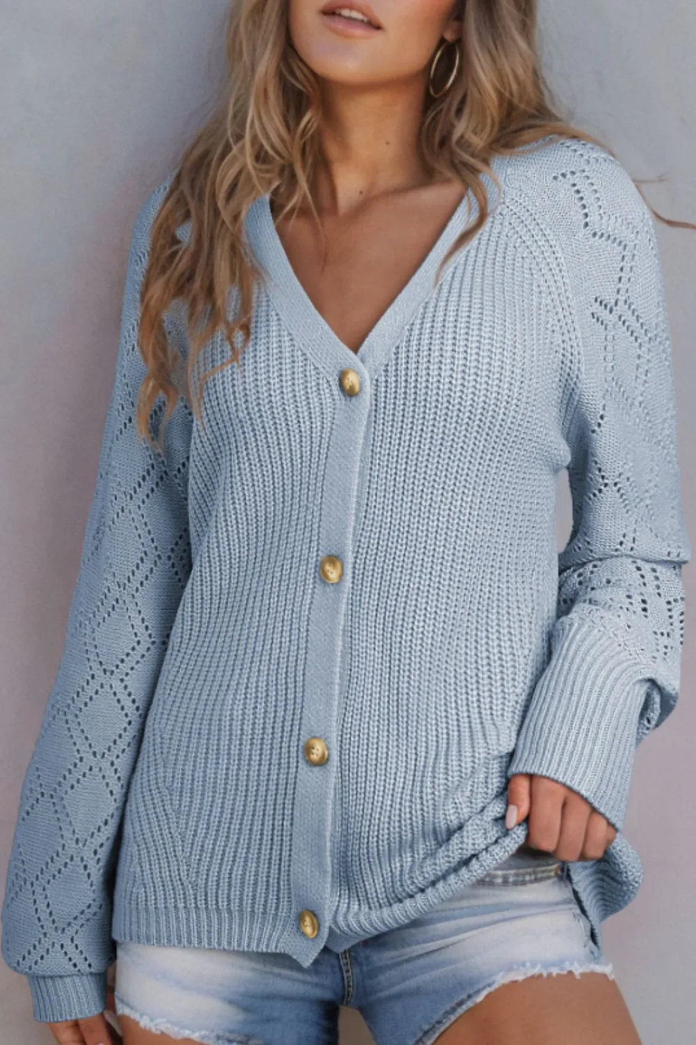 Openwork V-Neck Button Up Cardigan, image 5