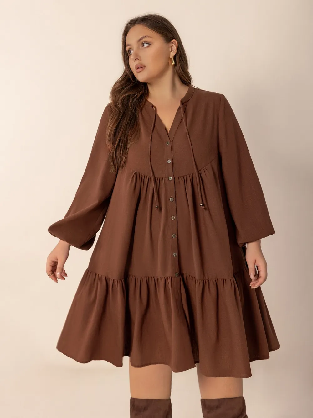 Plus Size Tie Neck Balloon Sleeve Tiered Dress, image 3