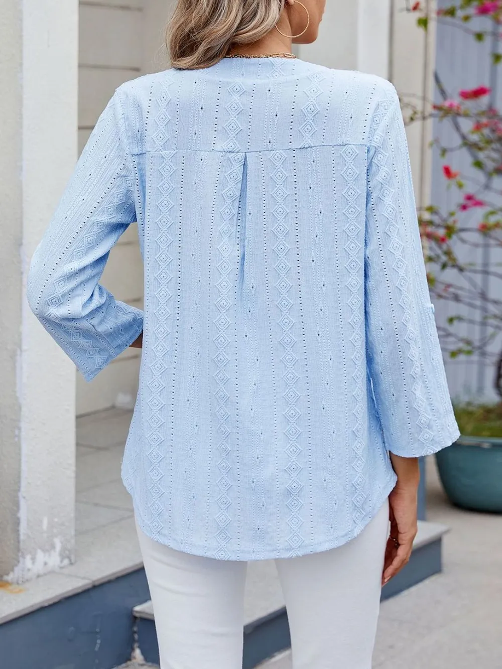 Eyelet Notched Roll-Tab Sleeve Top, image 4