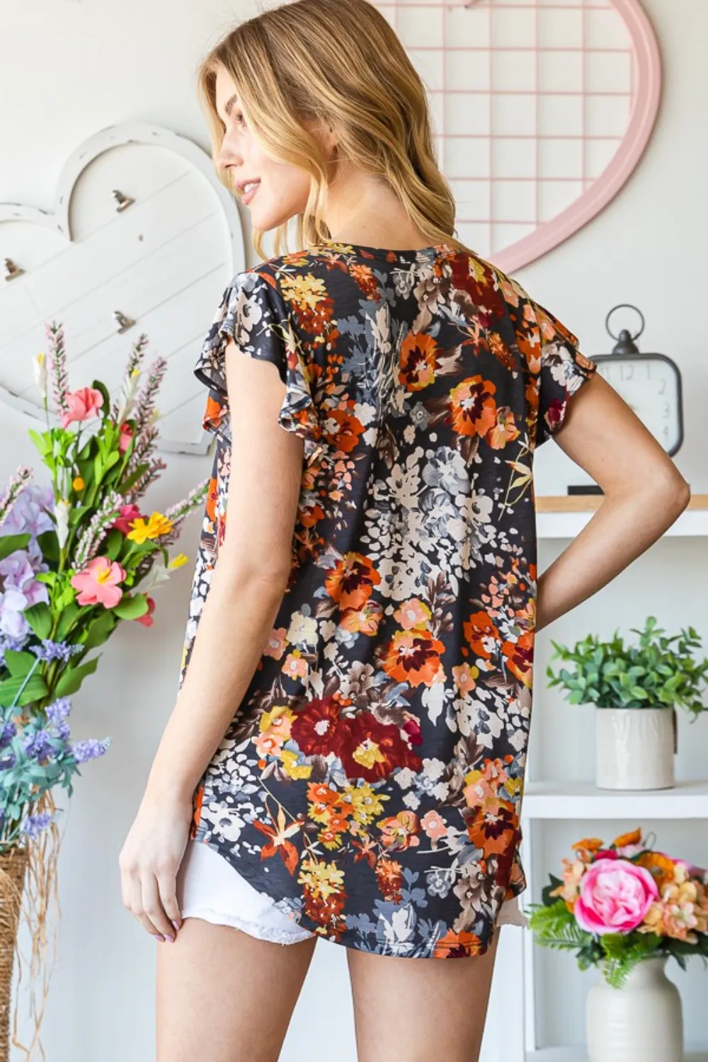 Full Size Ruffled Floral Round Neck Cap Sleeve Blouse, image 3