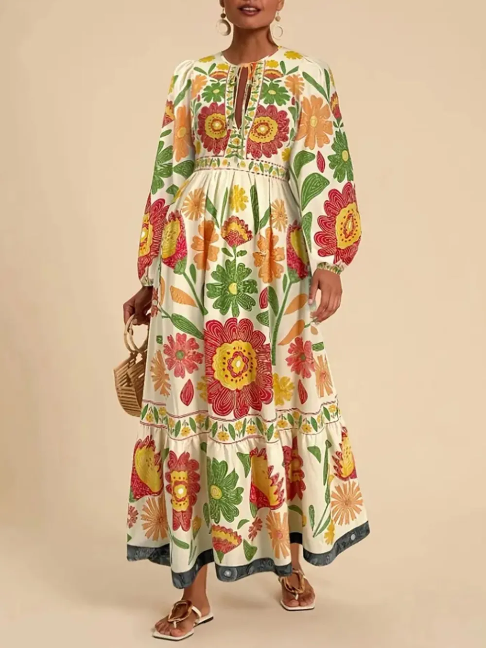 Floral Tie Waist Long Sleeve Dress, image 3