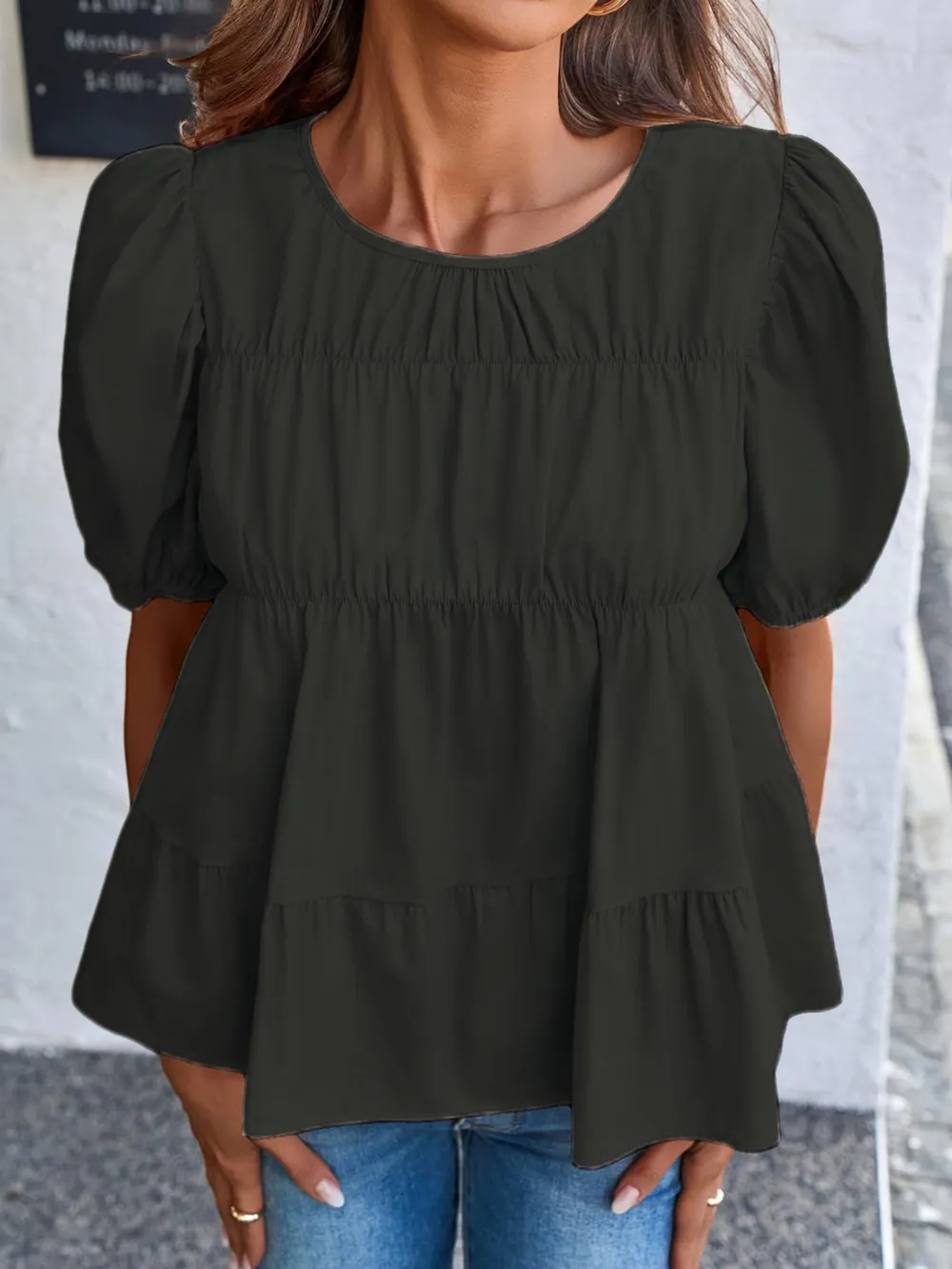 Tiered Round Neck Puff Sleeve Ruched Blouse, image 14