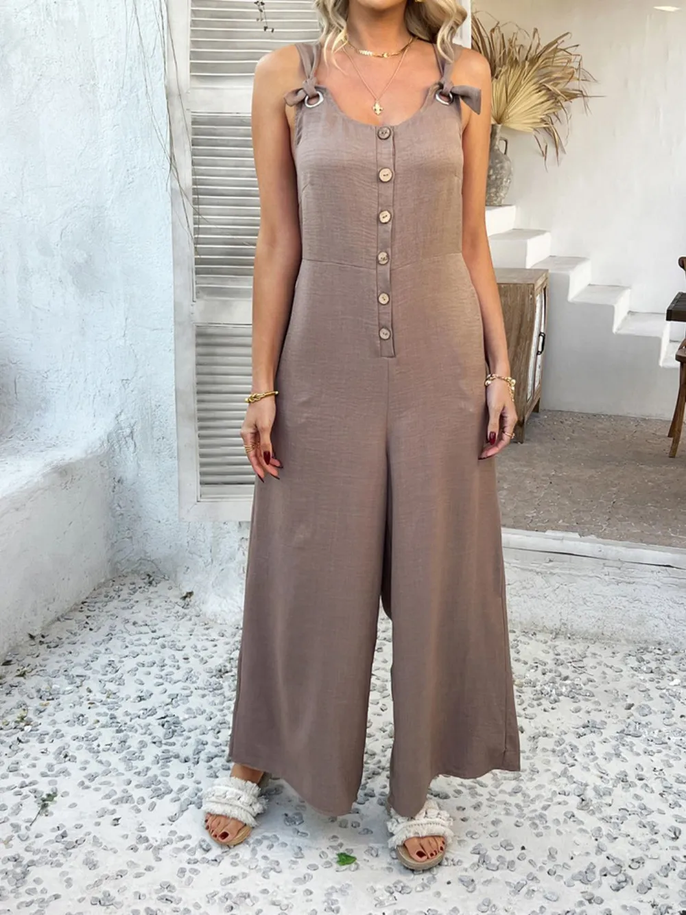 Button Front Knotted Strap Wide Leg Jumpsuit, image 8