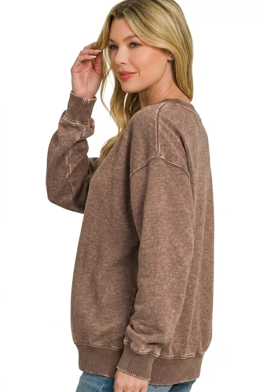 Zenana Fleece Acid Enzyme Washed Round Neck Sweatshirts, image 3