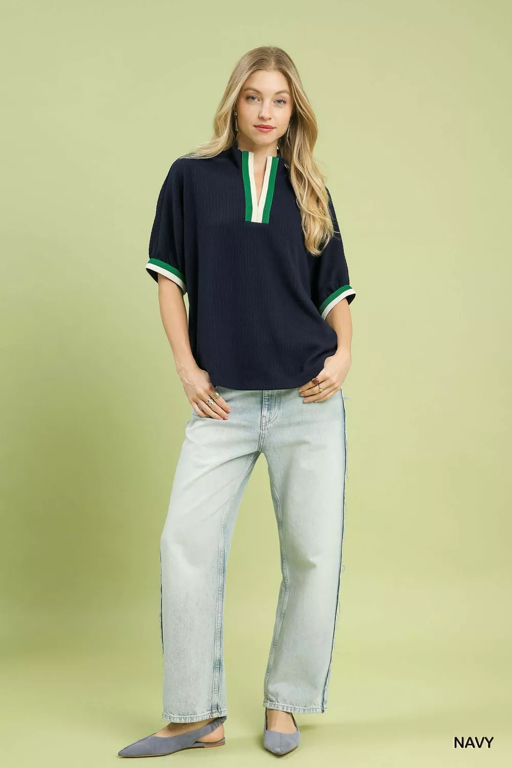 Textured Knit Top with Striped Contrast Trim, image 2
