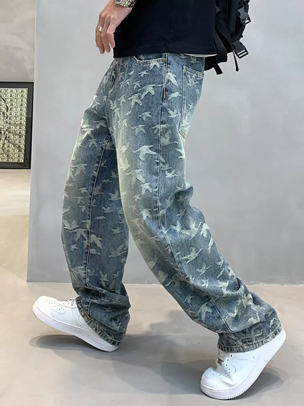 Men's Vintage Bird Print Loose Fit Jeans, image 6