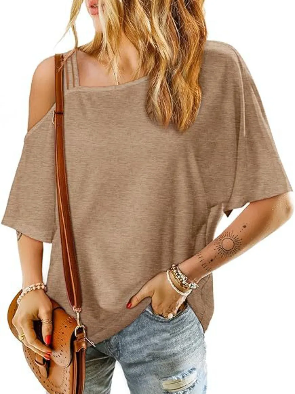 Asymmetrical Neck Half Sleeve T-Shirt, image 2