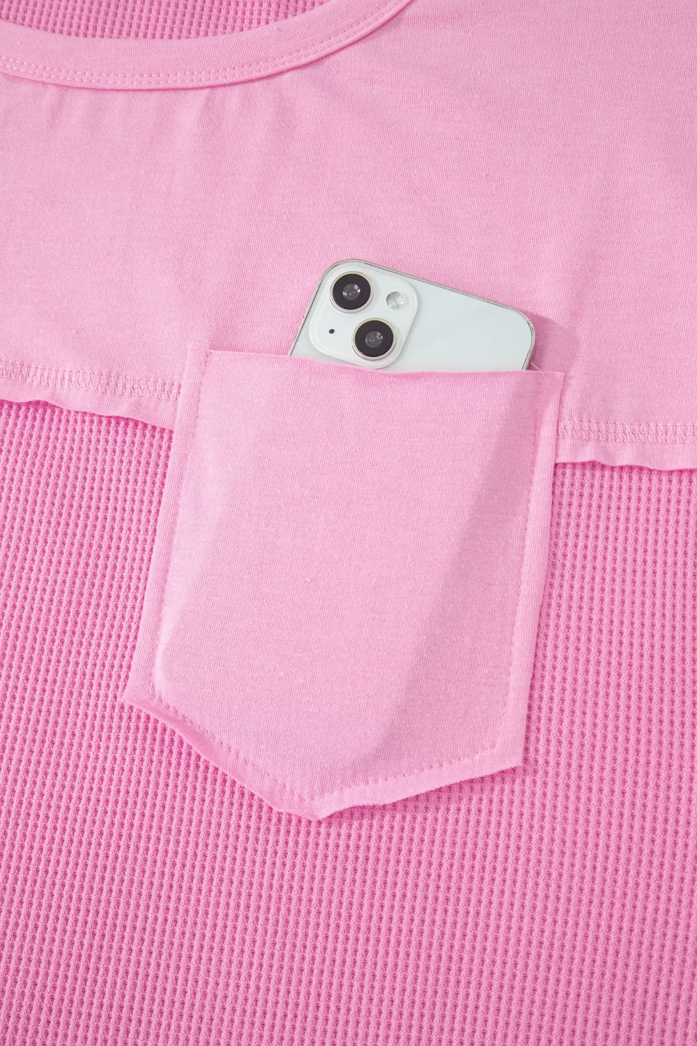 Solid Color Raw Seam Waffled Patchwork Casual T Shirt, image 8