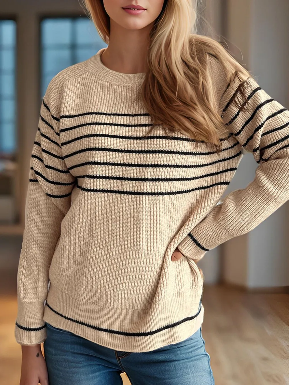 Striped Round Neck Long Sleeve Sweater, image 8