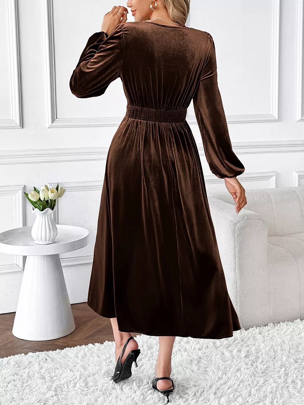 Velvet A-Line Dress with Lace Trim, image 6