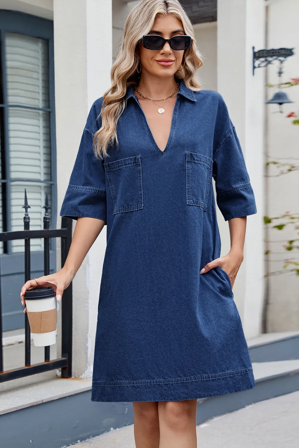 Johnny Collar Half Sleeve Denim Dress, image 4
