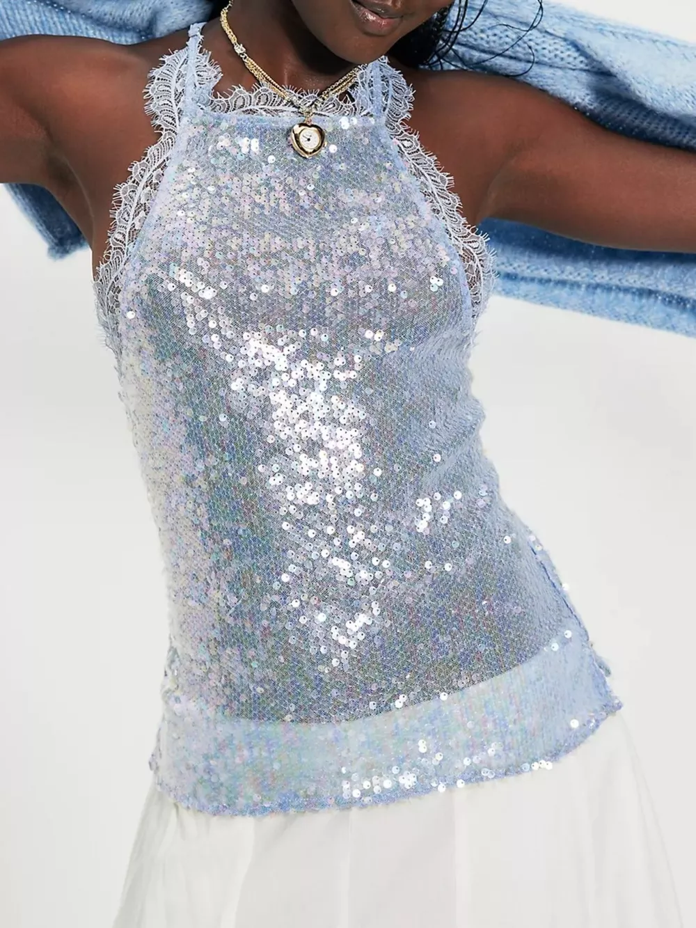 Sequin Lace Trim Halter Neck Cami, image 9