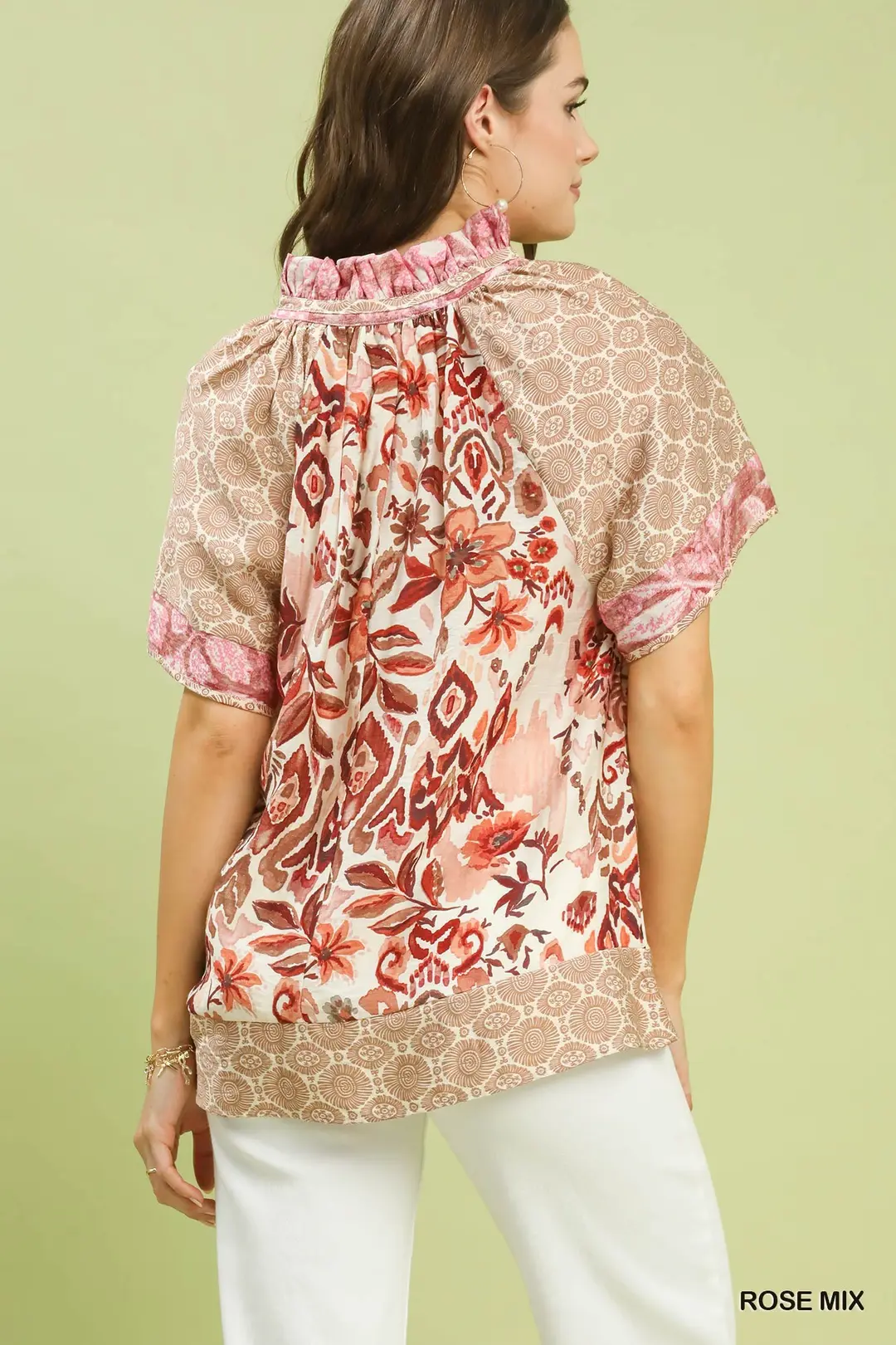 Mixed Print V-Neck Short Sleeve Top, image 3