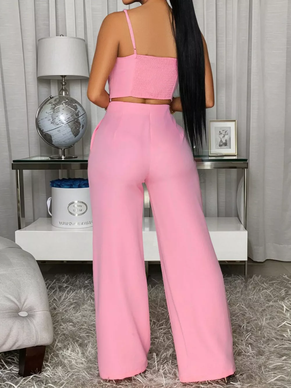 Decorative Button Smocked Back Cami and Wide Leg Pants Set, image 5