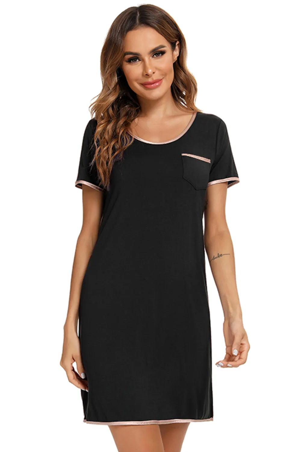 Contrast Trim Pocketed Round Neck Lounge Dress, image 5