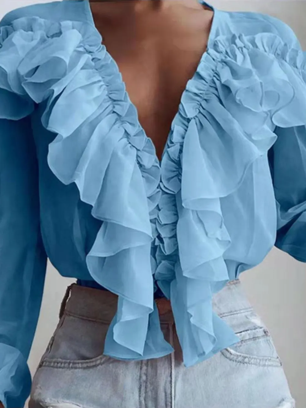 Ruffled V-Neck Long Sleeve Blouse, image 3