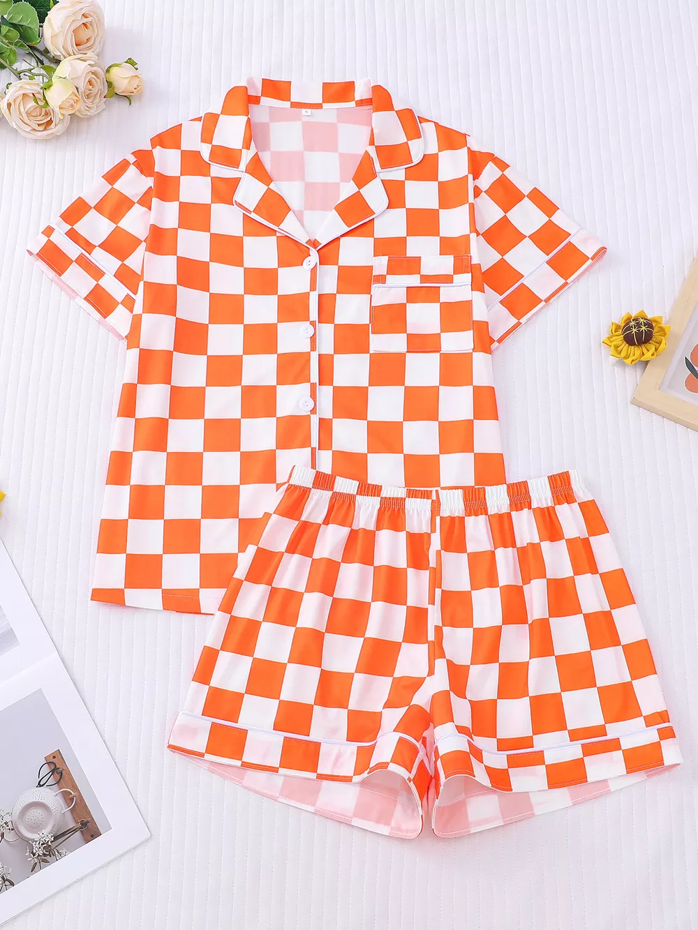 Checkered Print Button Up Top and Shorts Lounge Set, image 2