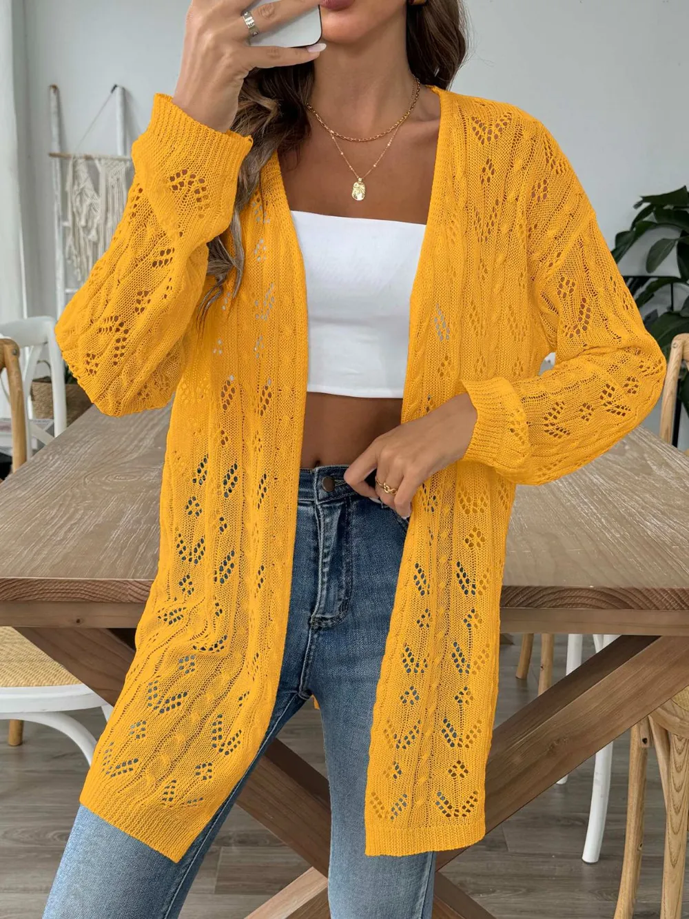 Openwork Open Front Long Sleeve Cardigan, image 18
