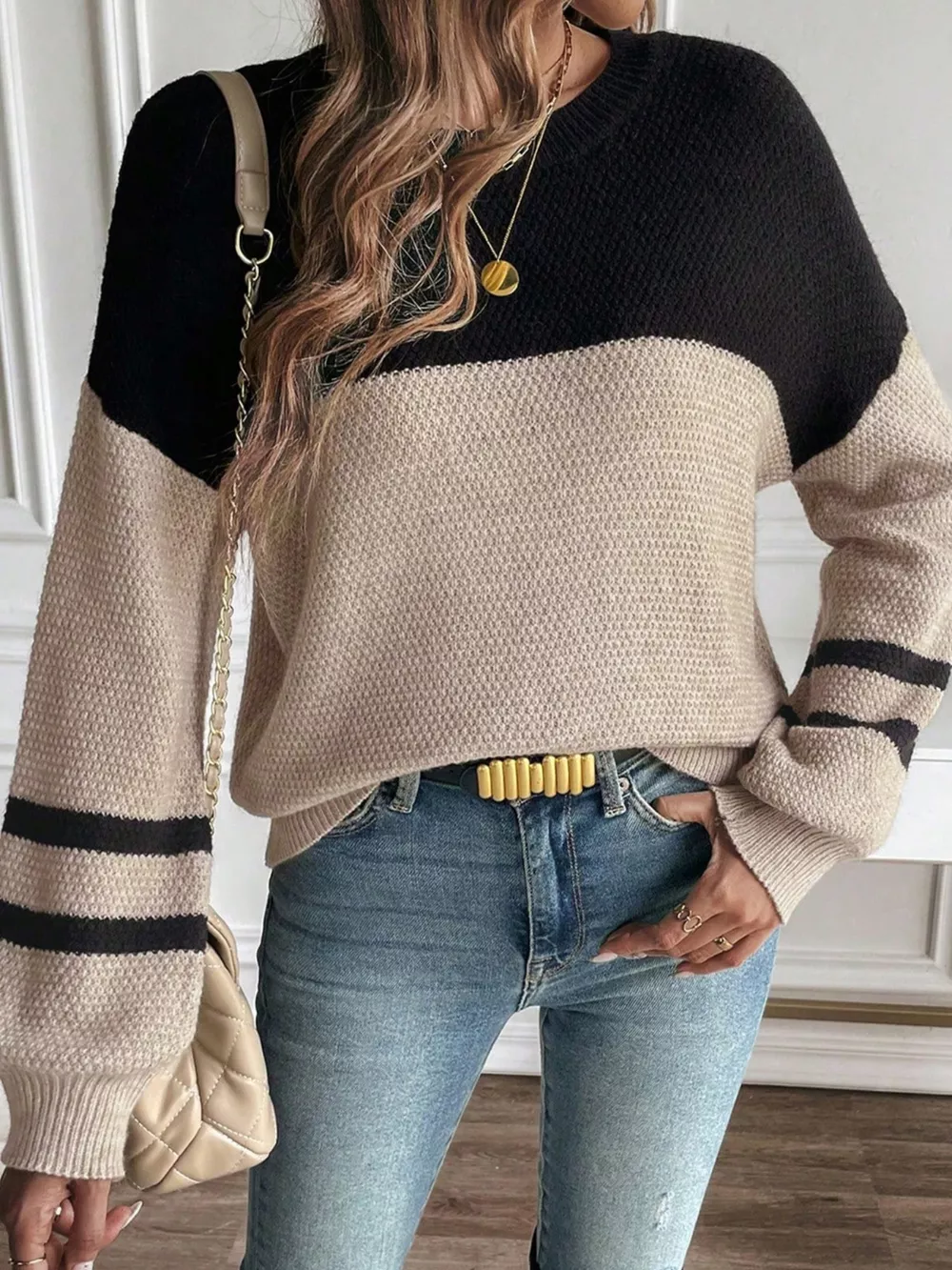 Color Block Knit Striped Sleeve Detail Casual Sweater, image 2