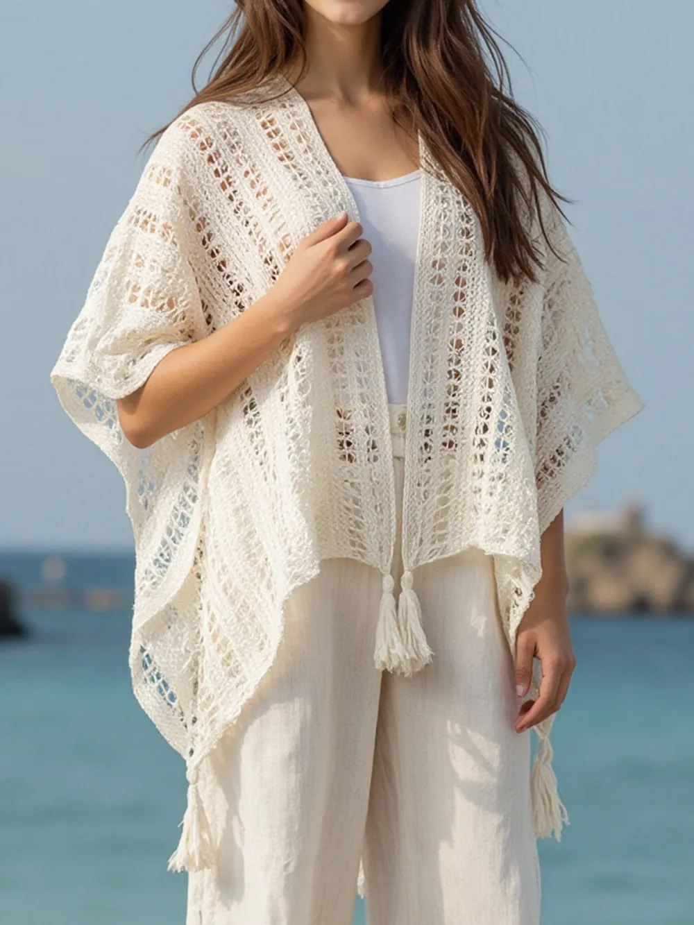 Openwork Tassel Open Front Knit Cover Up, image 4