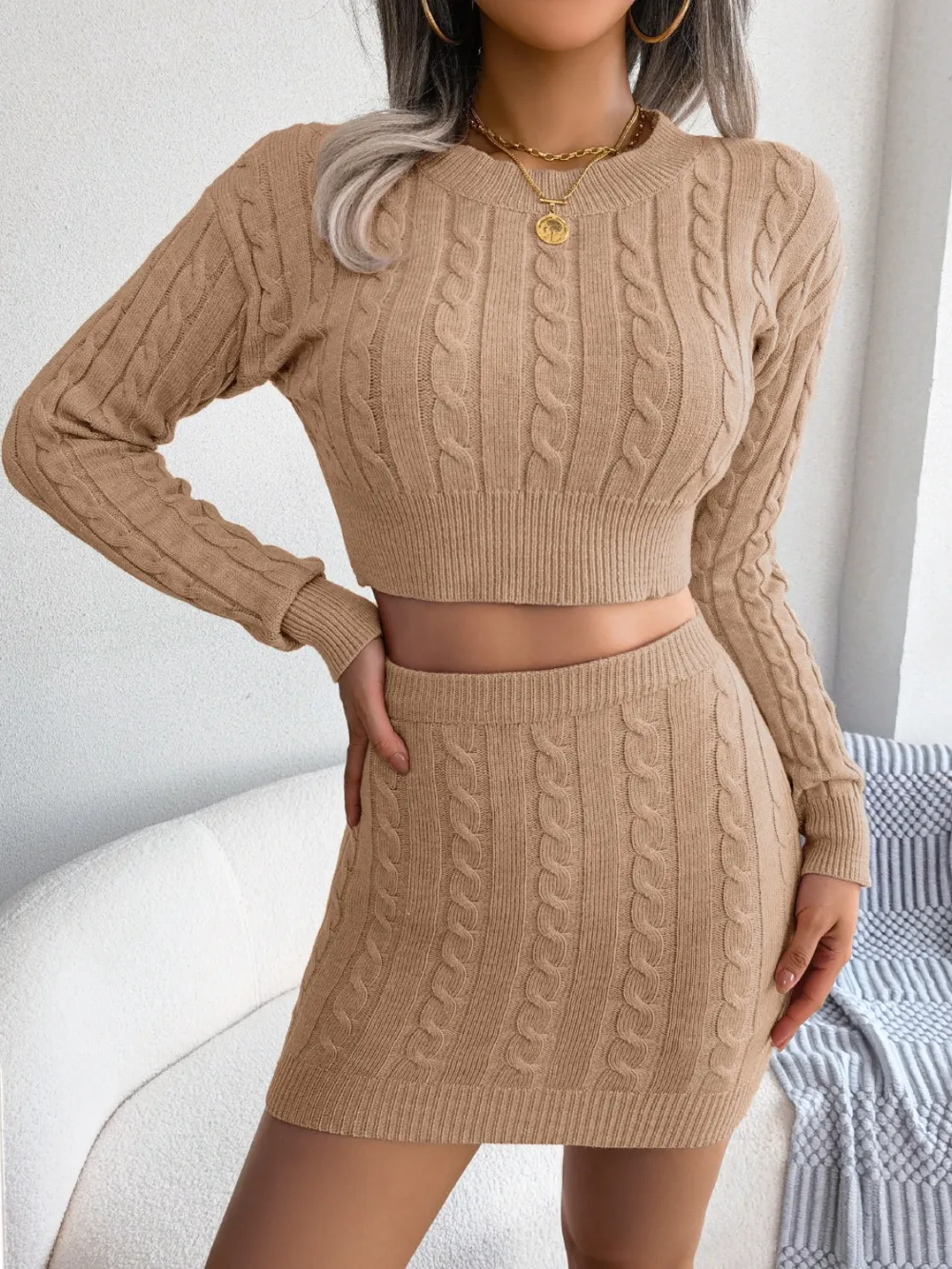Cable-Knit Round Neck Top and Skirt Sweater Set, image 6