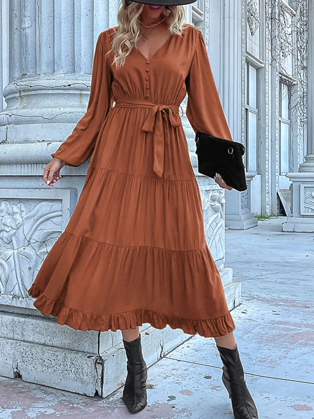 Ruffled Hem V-Neck Balloon Sleeve Dress, image 2