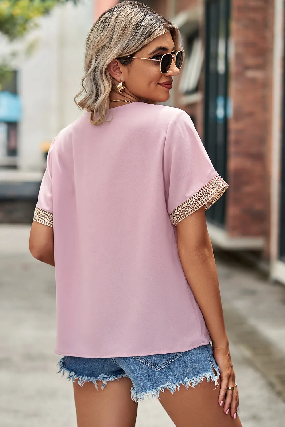 Openwork V-Neck Short Sleeve T-Shirt, image 12