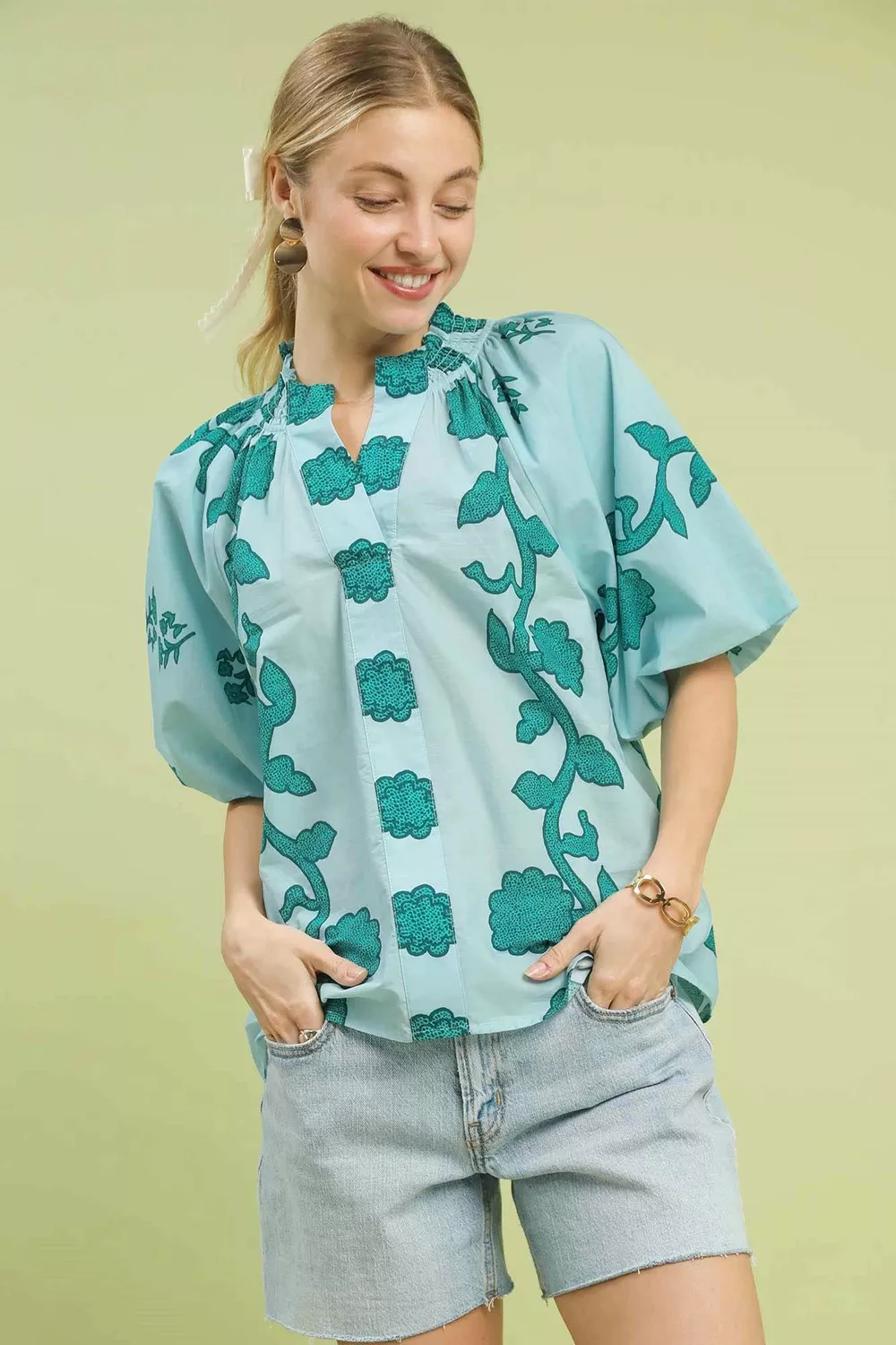 Floral Smocked Notched Puff Sleeve Blouse
