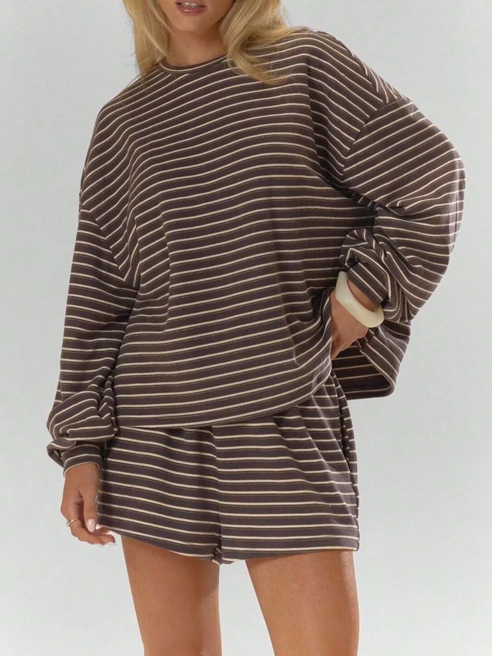 Casual Striped Long-Sleeve Top and Shorts Set