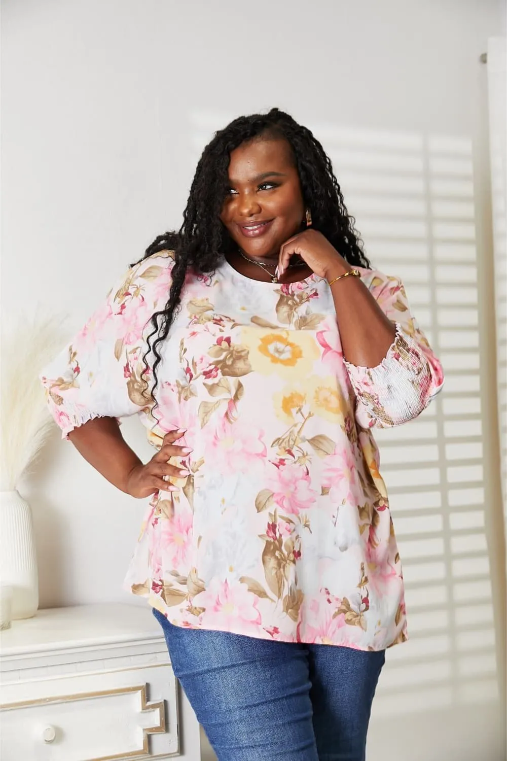 Floral Round Neck Three-Quarter Sleeve Top, image 2