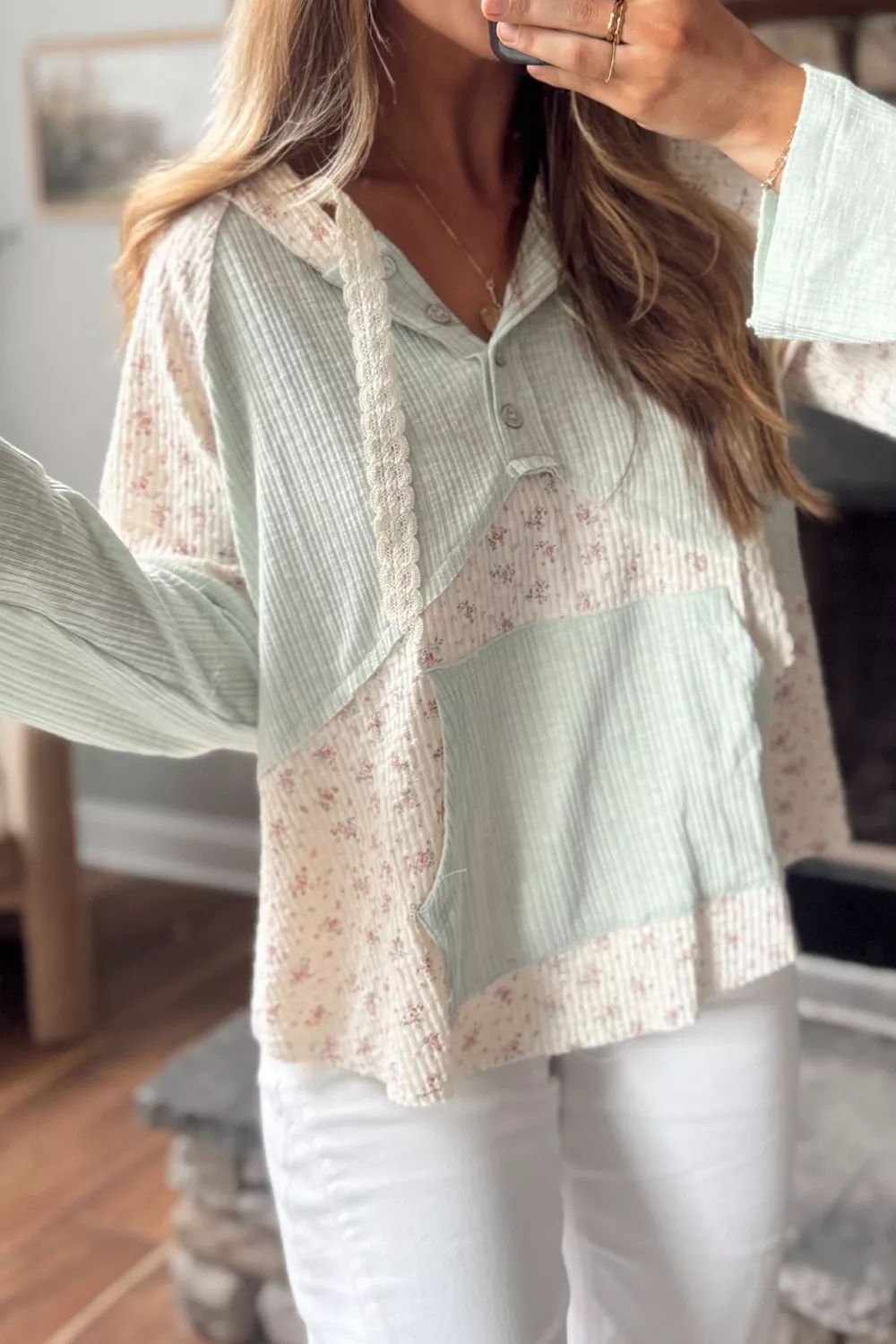 Lace Trim Floral Patchwork Button Detail Blouse