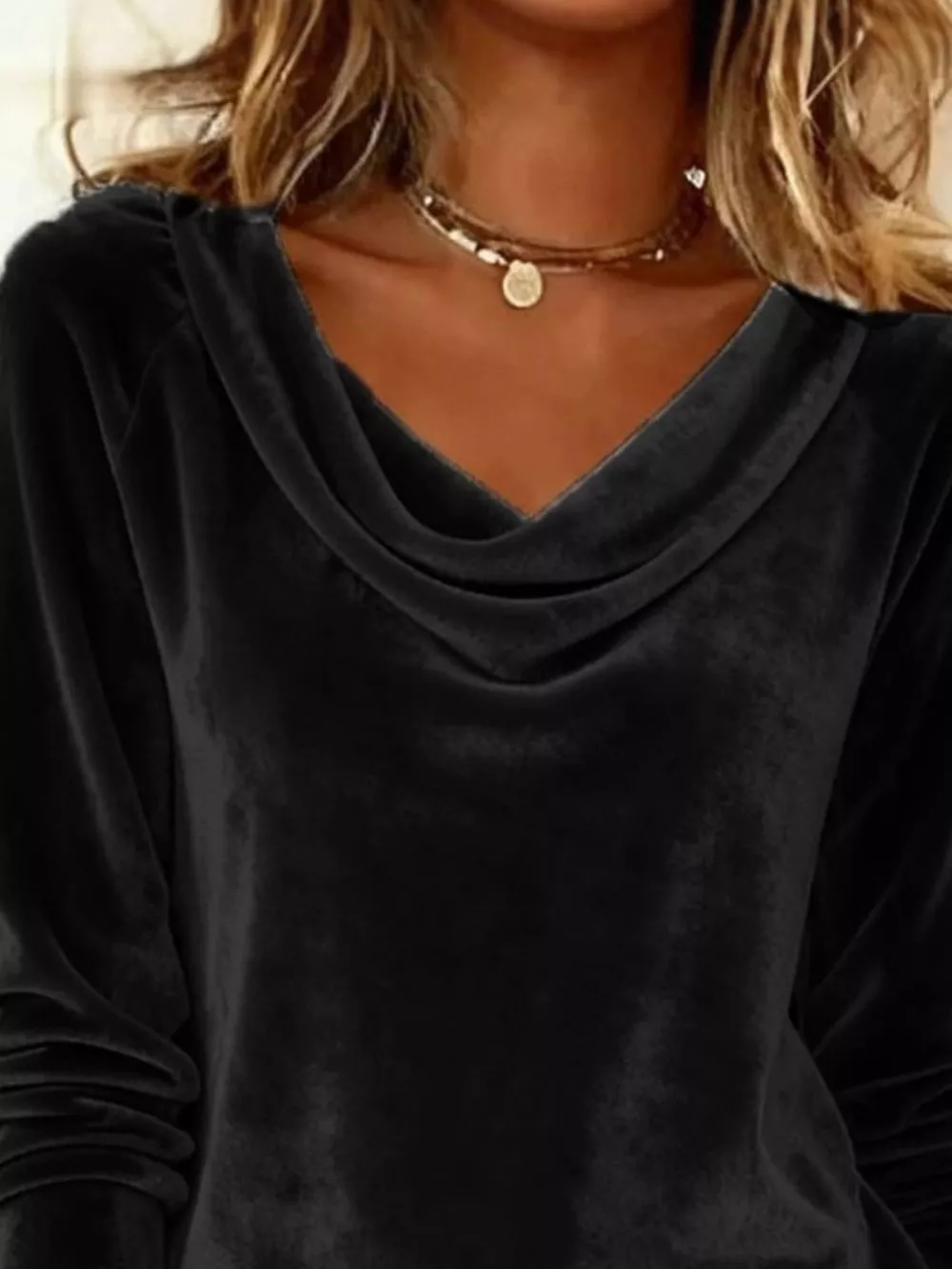 Velvet Cowl Neck Long Sleeve T-Shirt, image 3
