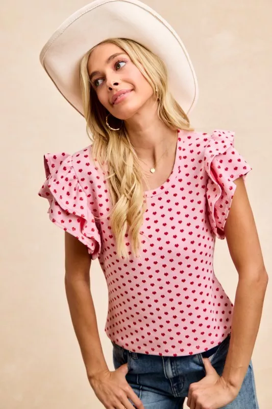 Heart Patterned Knit Ruffled Sleeves Top, image 6