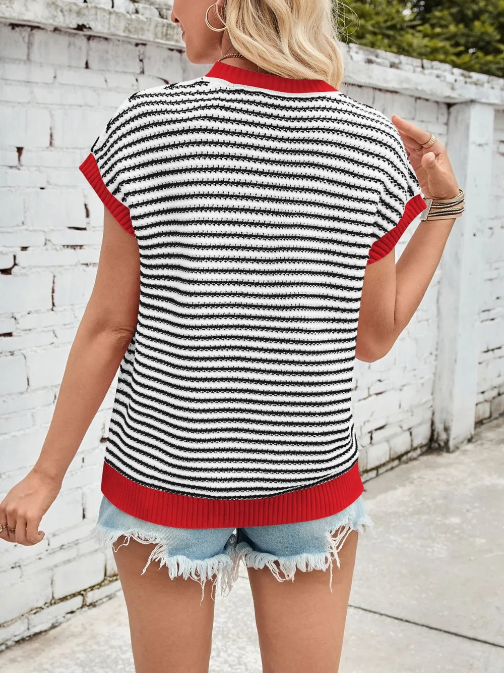 Striped Round Neck Cap Sleeve Sweater, image 18