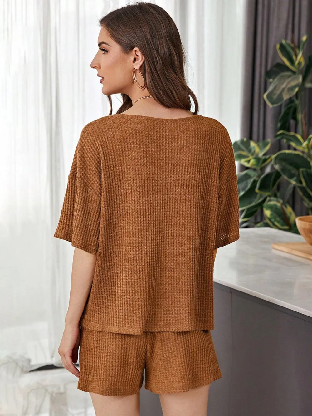 Full Size Waffle-Knit Dropped Shoulder Top and Shorts Set, image 19