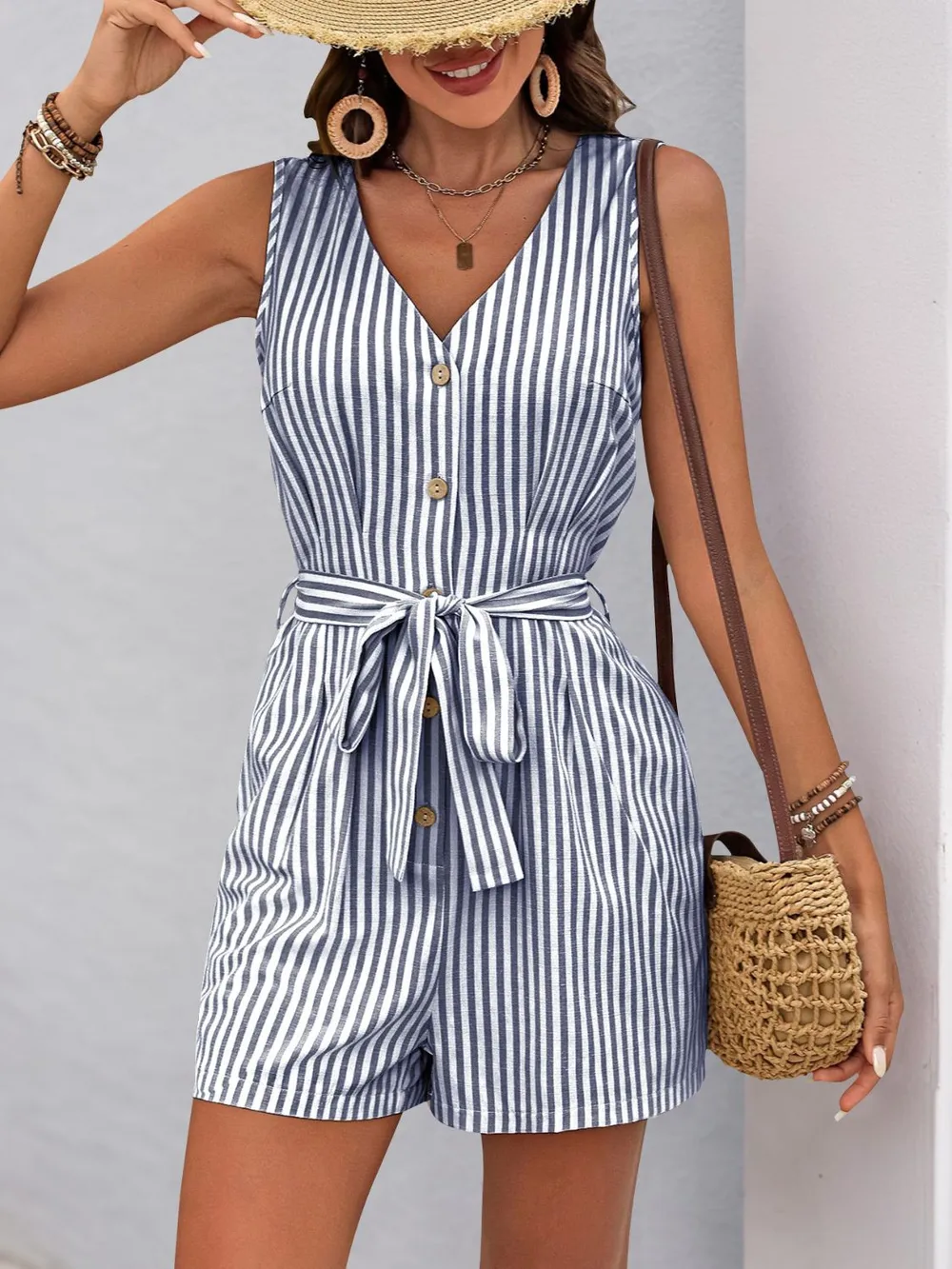 Striped V-Neck Tie Waist Romper, image 3
