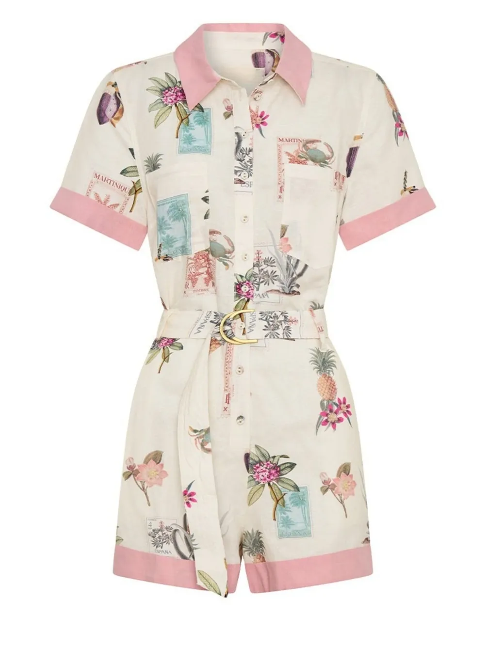 Printed Short Sleeve Romper with Belt, image 2