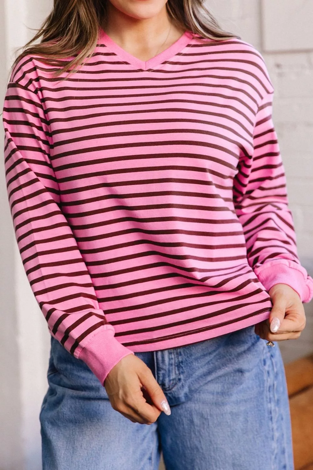 Stripe V Neck Drop Shoulder Long Sleeve Top, image 2